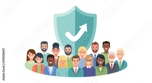 Diverse Team with Security Shield, Checkmark, and Upward Arrow for Quality, Trust, and Business Growth