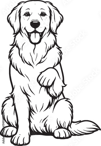 Golden Retriever Sitting Paw Raised Friendly Pose Black and White Line Art Illustration