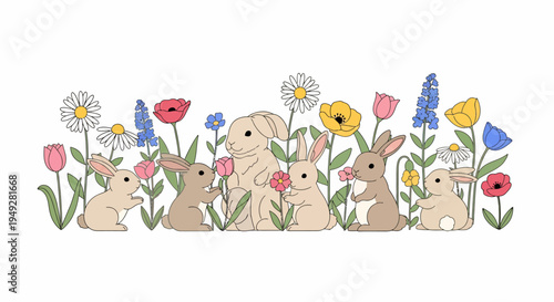 Cute bunnies in flowers.
