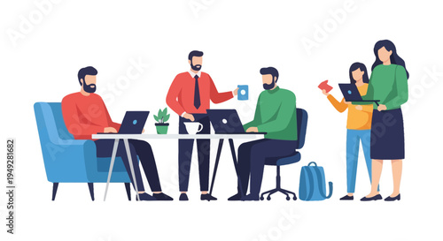 Diverse Team Working on Laptops and Collaborating in Modern Office Illustration