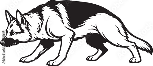 German Shepherd Guarding Stance Black and White Line Art Illustration