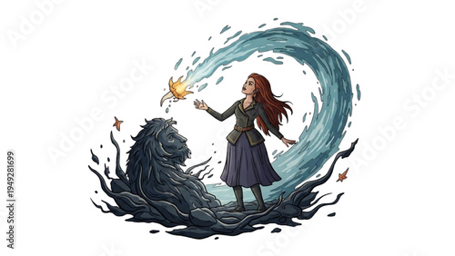 Fantasy Woman Controlling Ocean Wave with Lion Spirit – Magical Elemental Power Illustration