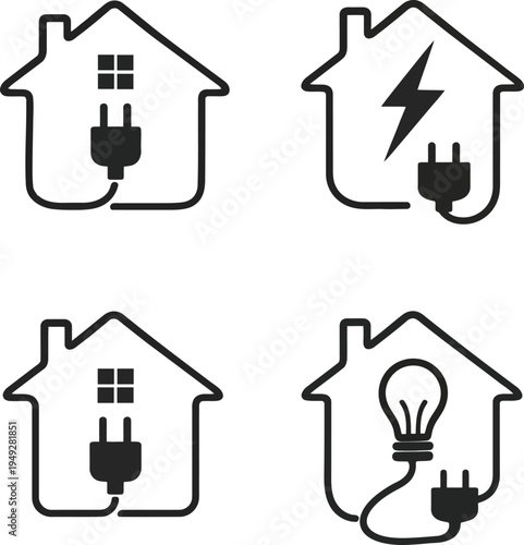 Set of four home electricity line icons with electric plug, lightning bolt and light bulb symbols. Minimal black outline design isolated on white background. Perfect for home energy, smart home techno
