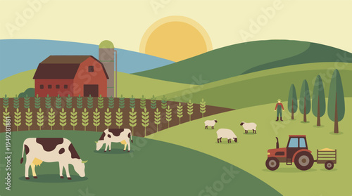 Rural farm landscape with animals, farmer, tractor, and barn in flat design.