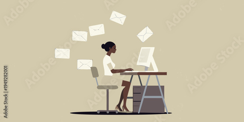 Woman working at a desk with floating email notifications above her