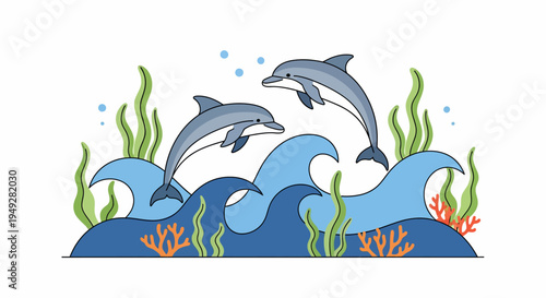 Dolphins Swimming Ocean Waves.