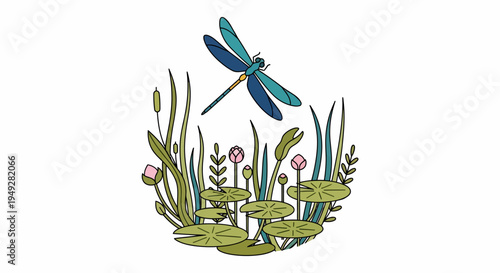 Dragonfly on green plants.