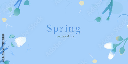 Abstract botanical illustration with the word spring in blue tones