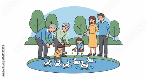 Family Feeding Ducklings.