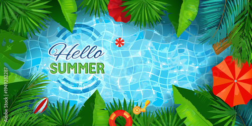 A vibrant summer scene featuring a swimming pool and tropical foliage