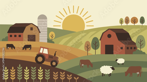 Vibrant farm landscape with barns, silo, tractor, animals, and fields at sunrise