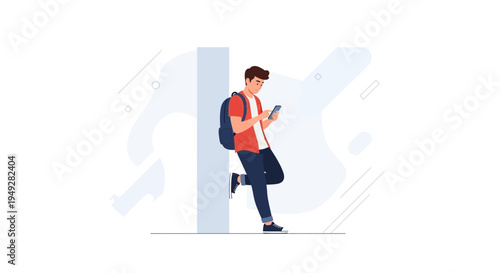Young man with backpack checking smartphone while leaning against wall, modern flat illustration