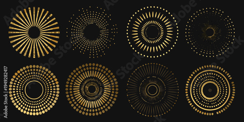 Golden geometric shapes and patterns arranged in a grid on black