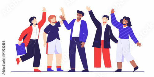 A diverse group of people celebrating with arms raised in the air