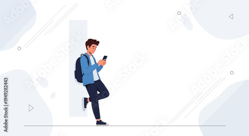 Young man with backpack using smartphone, leaning against wall, minimalist background