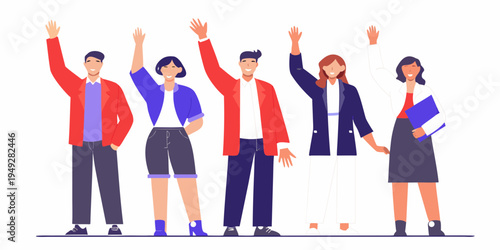 Diverse group of people raising hands in a celebratory gesture