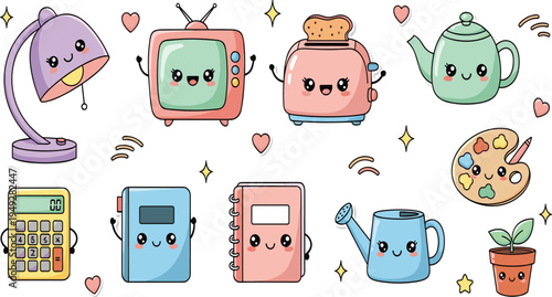 Cute Kawaii Home and School Objects Icon Set Featuring Lamp, Retro TV, Toaster, Teapot, Calculator, Notebook, Watering Can, Paint Palette, and Plant.
