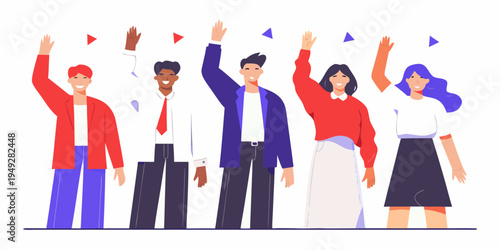 Diverse group of people celebrating with raised hands in a joyful scene