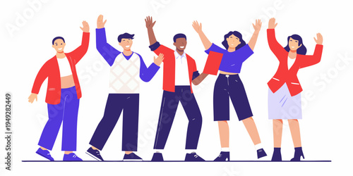 Diverse group of people celebrating with arms raised in a joyful scene