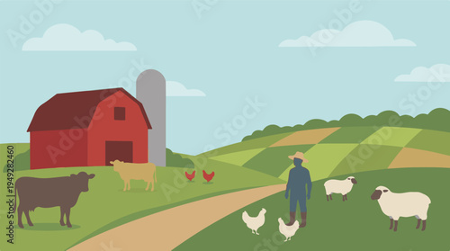 Farm life illustration with barn, farmer, various livestock, and cultivated fields