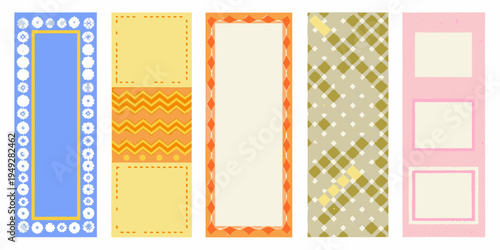 Colorful patterned bookmarks arranged in a row isolated on white