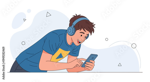 Young man with headphones enjoys mobile game on smartphone, happy expression