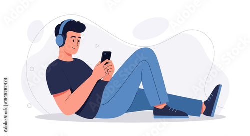 Young man with headphones listening to music on his phone, relaxing on the floor.