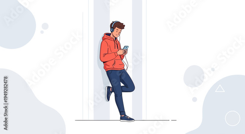 Young man with headphones listening to music on phone, leaning against wall, modern illustration