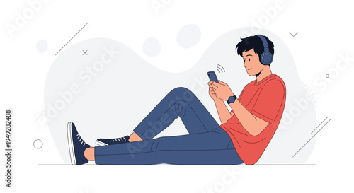Young man with headphones listening to music on smartphone while relaxing on floor