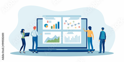 Team analyzes data and charts displayed on a large computer screen