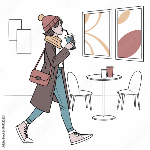 Vector illustration of a woman walking in a cafe