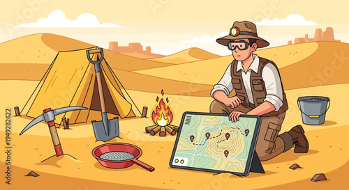 Archaeologist Studying Map in Desert Expedition.