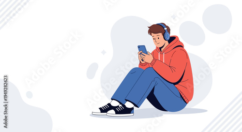 Young man with headphones using smartphone, sitting on floor, modern illustration