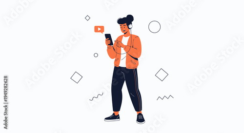 Young man with headphones using smartphone, watching video, social media, modern lifestyle