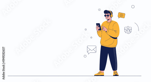 Young man with headphones using smartphone, surrounded by communication icons