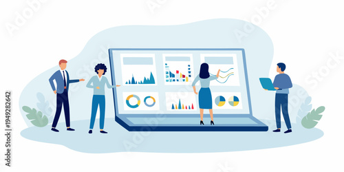 Team collaborating around a large screen displaying data analytics