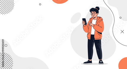 Young person in orange jacket using smartphone, modern abstract background