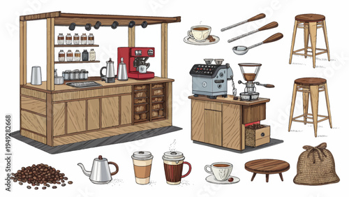 Artisan coffee culture vector elements showing handmade coffee shop setup with wooden counters coffee machines cups and utensils