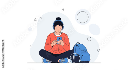Young person listening to music on phone with headphones and backpack