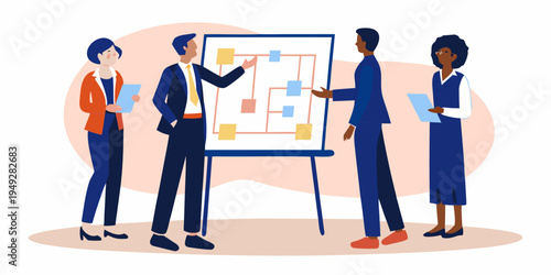 Diverse business team collaborating on a strategy plan using a whiteboard