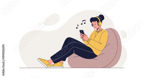 Young person relaxing on beanbag chair listening to music on smartphone with headphones