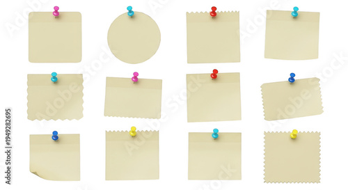 Set of twelve blank beige sticky note papers with colorful thumbtacks pinned to the top edges