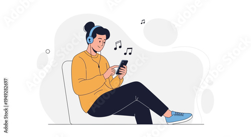 Young Person Listening to Music on Smartphone with Headphones, Enjoying Melody