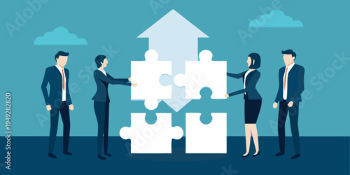 Business professionals connecting puzzle pieces symbolizing teamwork and growth