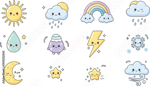 Cute Kawaii Weather Icon Set Featuring Sun, Rain Cloud, Rainbow, Lightning Bolt, Snowflake, Wind, Moon, Stars, and Water Drop Cartoon Characters.