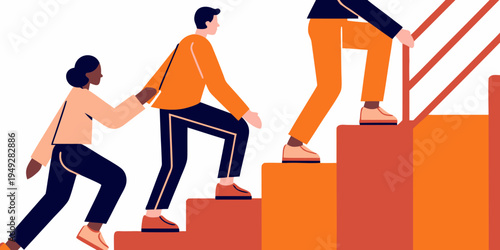 Two people assisting each other while climbing a set of orange stairs