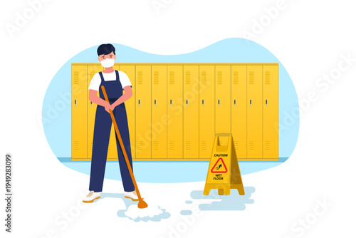 Minimalist flat vector illustration of a janitor in a face mask mopping the floor in a locker room, professional cleaning service for school or gym concept.