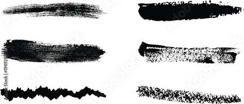 Collection of six unique black brush strokes on a white background for artistic and design purposes