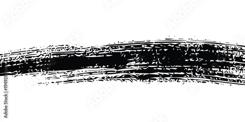 A black and white abstract image with a dark curved shape on a white background with textured brushstrokes and lines