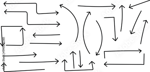 A complex network of hand drawn arrows and lines on a white background